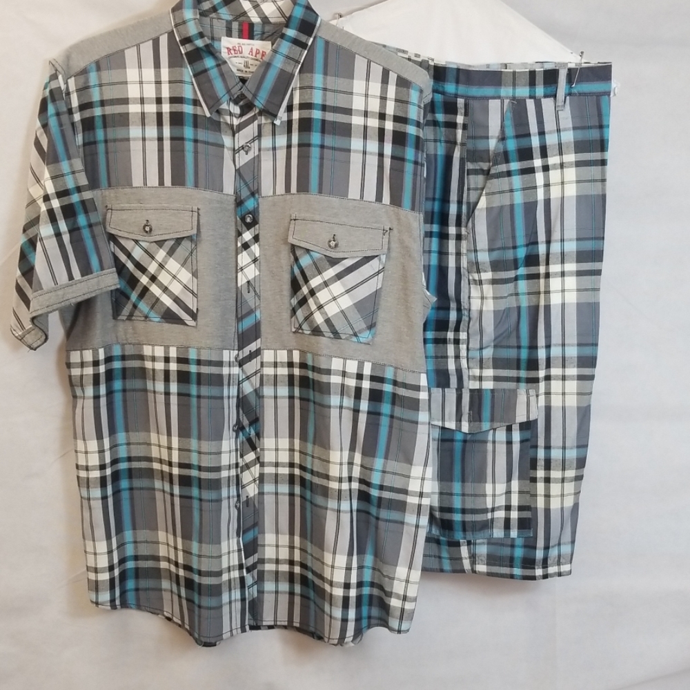Red Ape Men's 4XL Blue Grey Button Down Shirt & Shorts